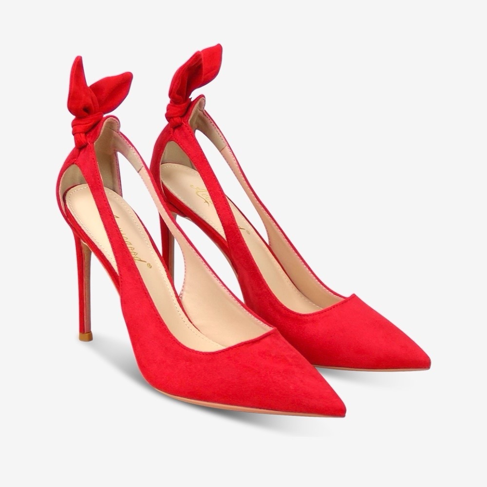 Women’s Bow Tie Stiletto High Heeled Pointed Toe Pumps in Red Faux Suede Upper